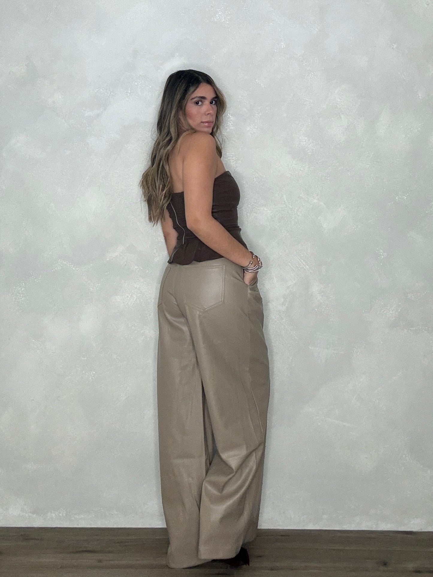 KHAKI LEATHER WIDE PANTS
