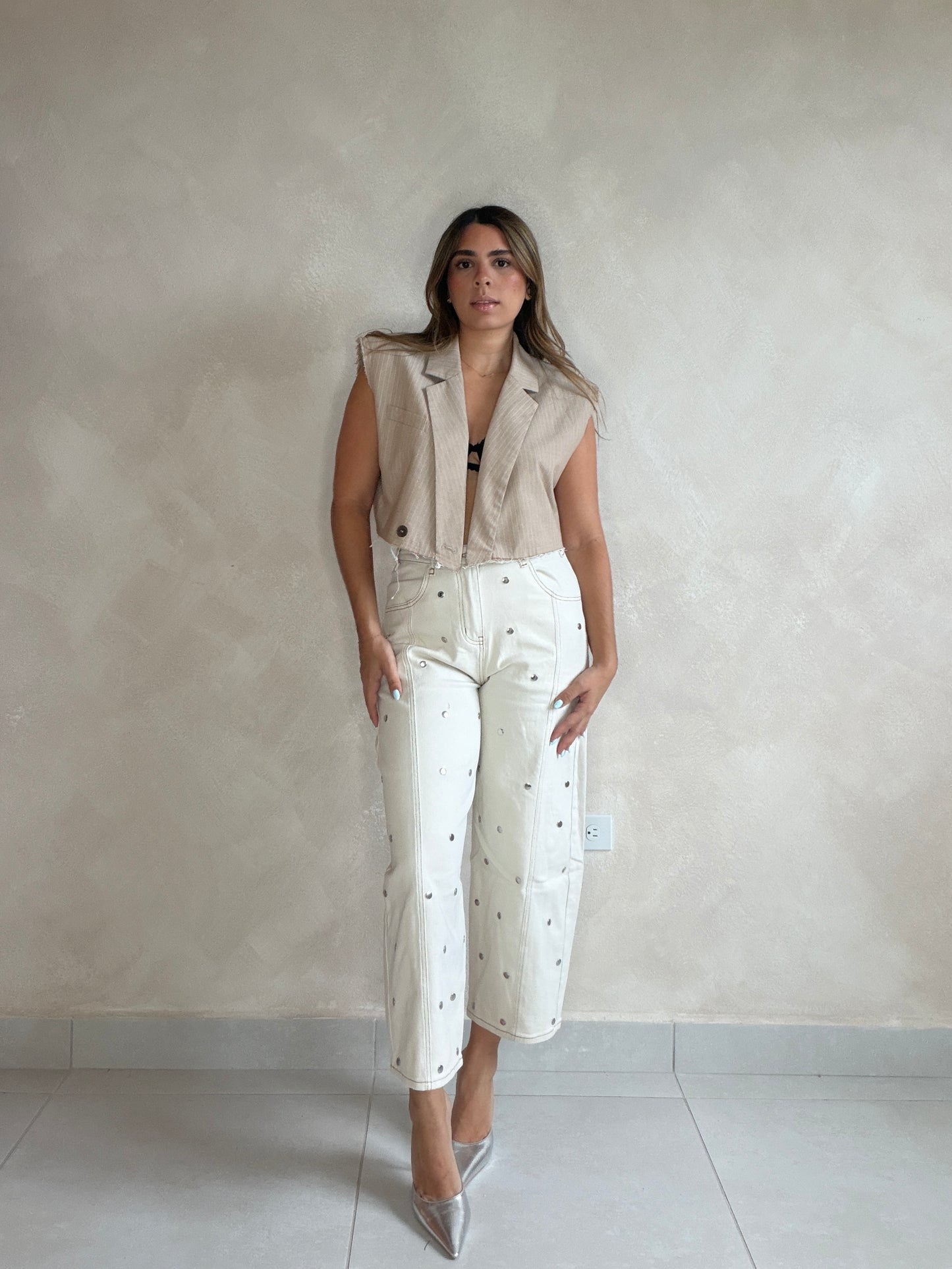 NUDE STUDDED BARREL PANTS