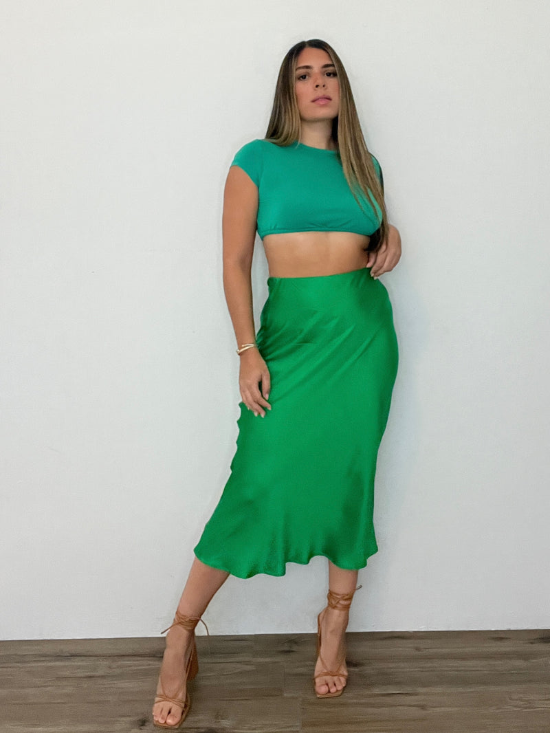 GREEN SATIN MIDI SKIRT