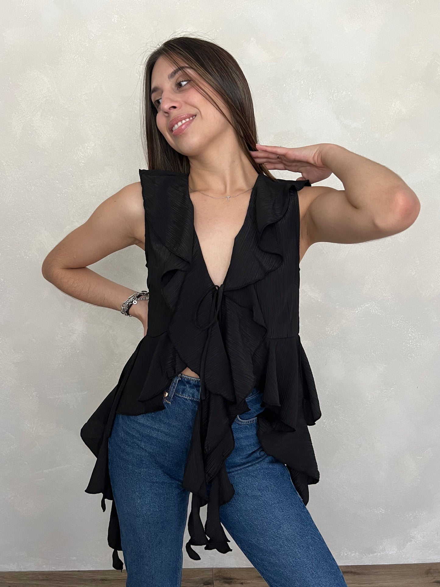 RUFFLED BLACK BLOUSE