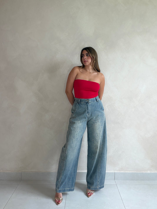 RHINESTONE BARREL JEANS