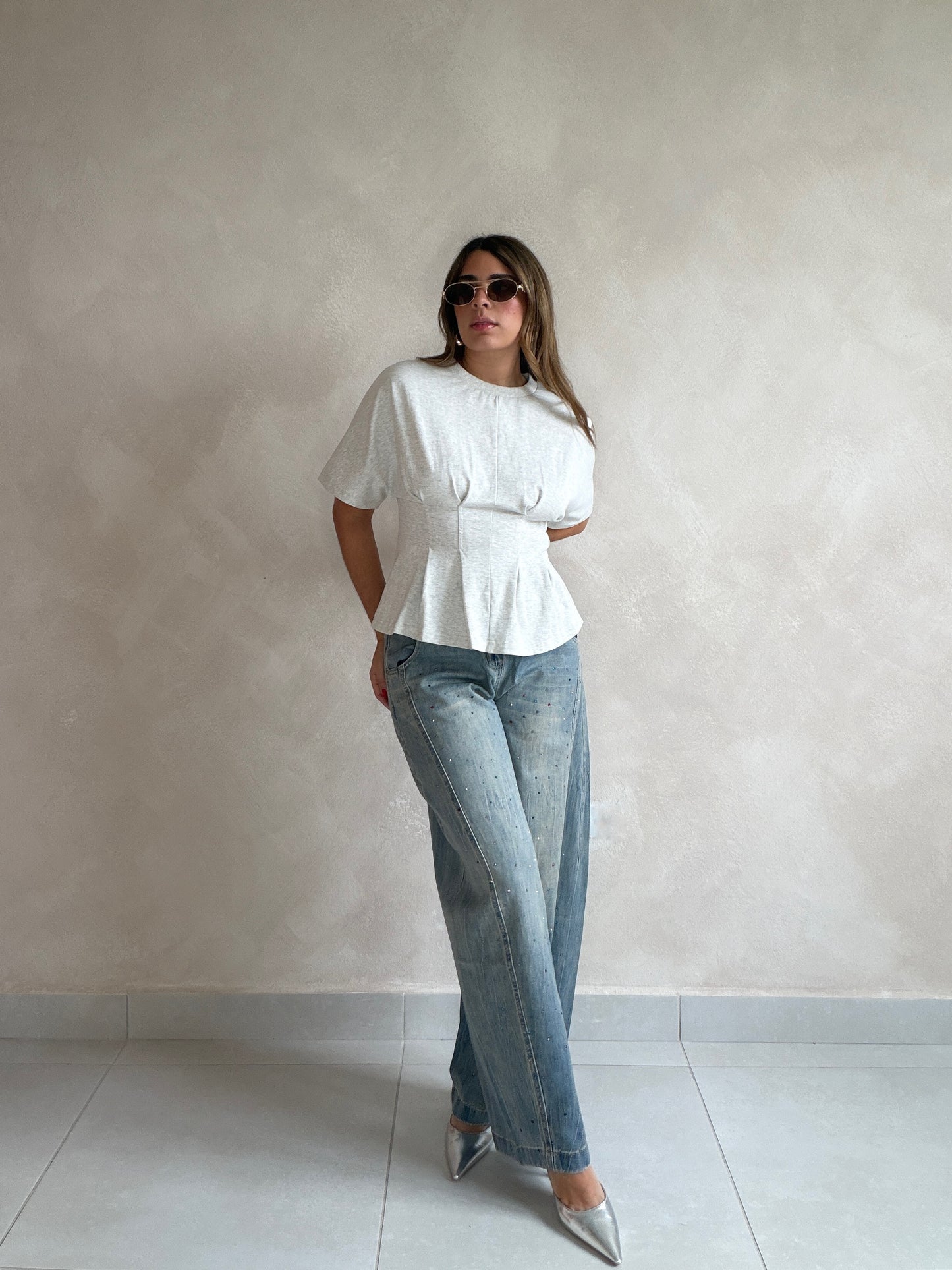 RHINESTONE BARREL JEANS