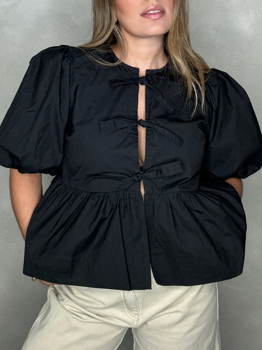 BLACK POPLIN TIE TOP