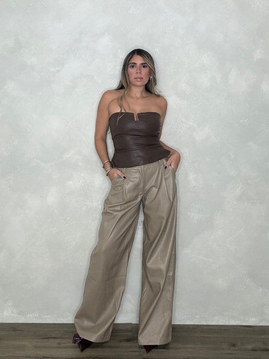 KHAKI LEATHER WIDE PANTS