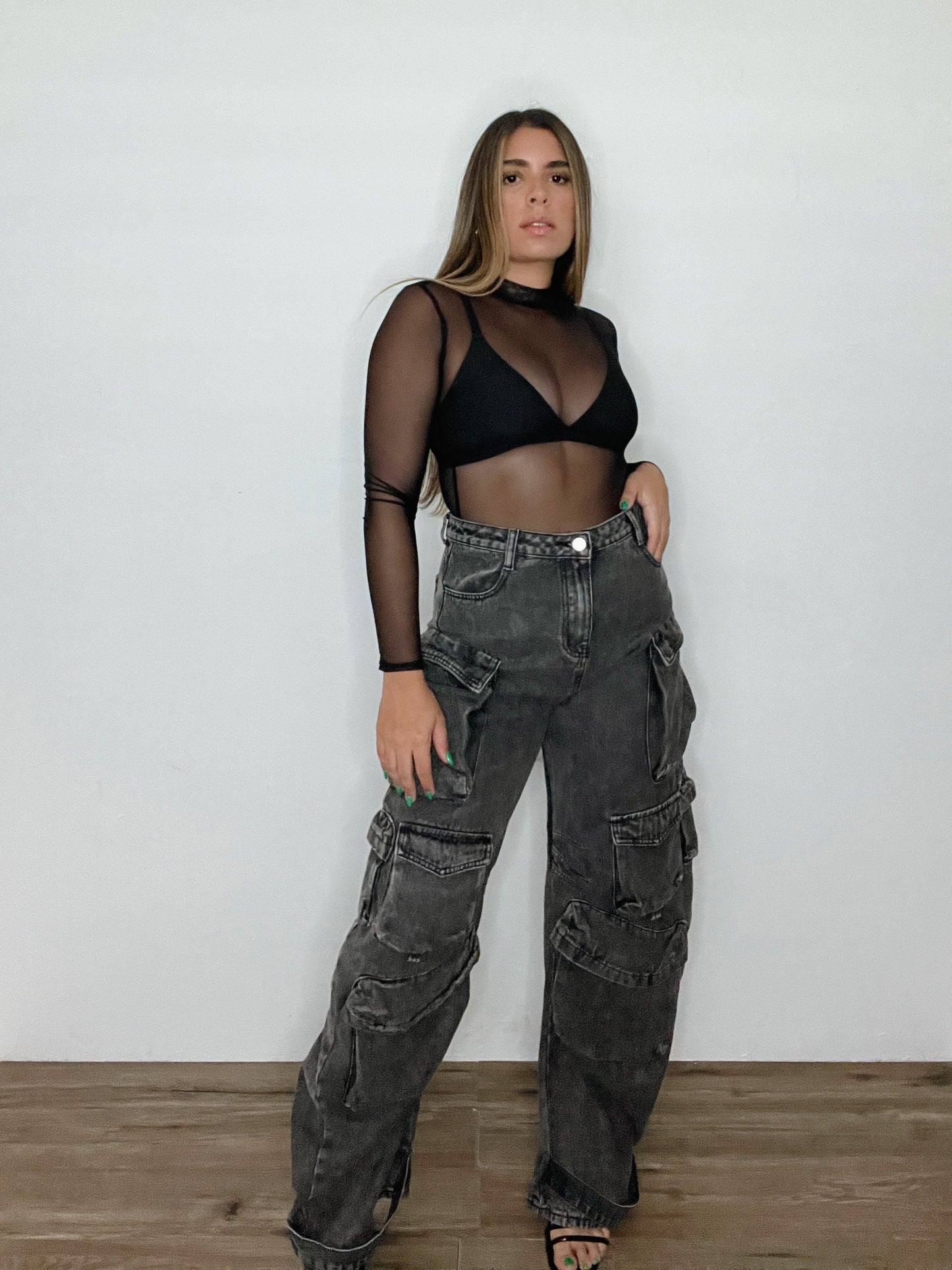 BLACK DENIM CARGO PANTS